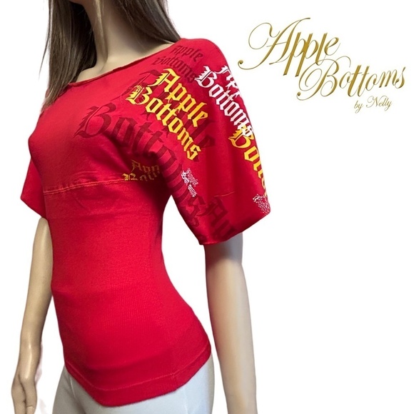 Apple Bottoms by Nelly Top Graphic Print Branded Tee Y2K Ribbed Bodice Made USA - Picture 11 of 13